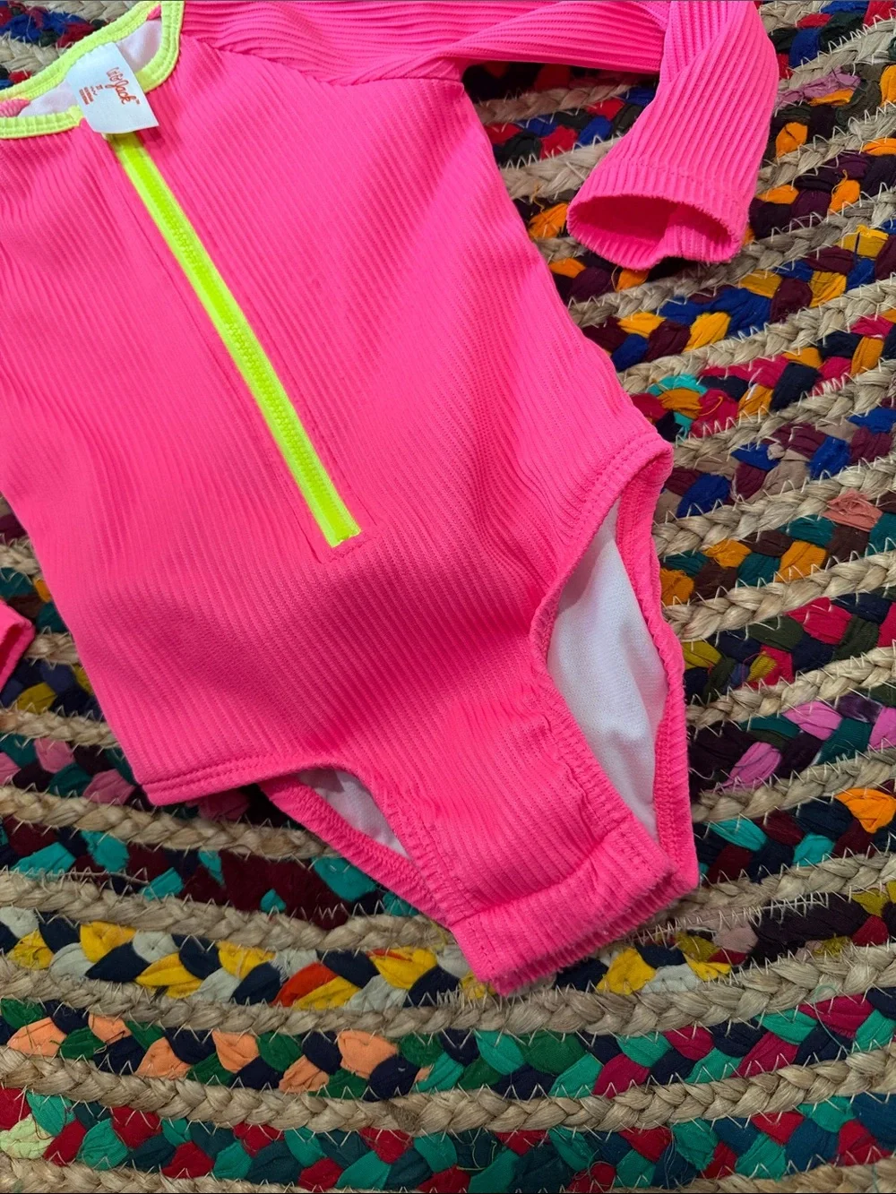 Kids Long-Sleeve Rash Guard Swimsuit - Hot Pink with Neon Yellow Zip -2T